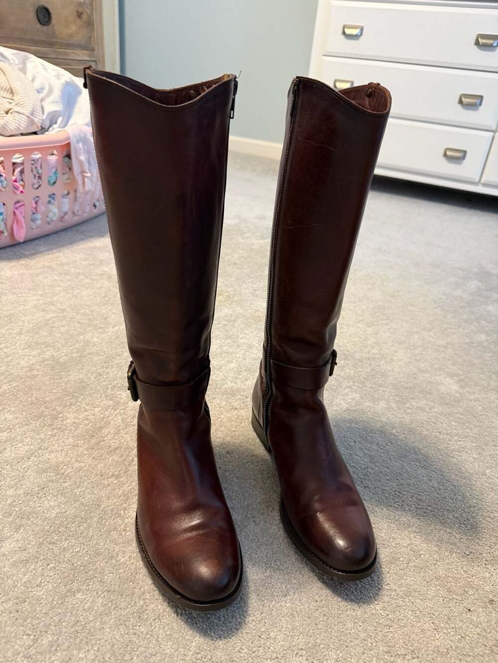 Frye Jordan Strap Tall Riding Boots Dark Brown Leather Size 8.5